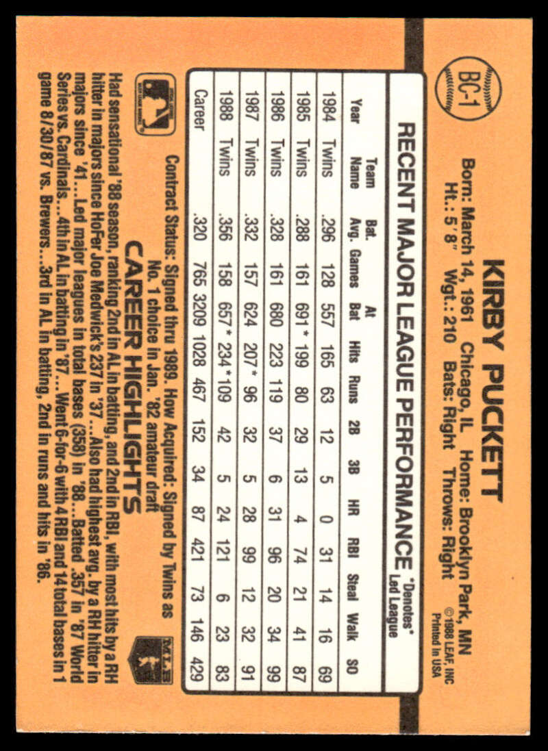 1989 Donruss #BC-1 Kirby Puckett EX/NM Minnesota Twins