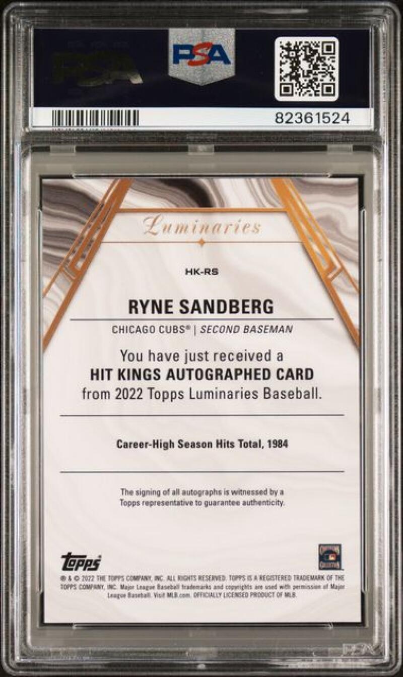 2017 Topps Luminaries Hit Kings Relics #HKR-RS Ryne Sandberg PSA 8 NM-MT MEM Auto 1/15 Chicago Cubs Baseball Card