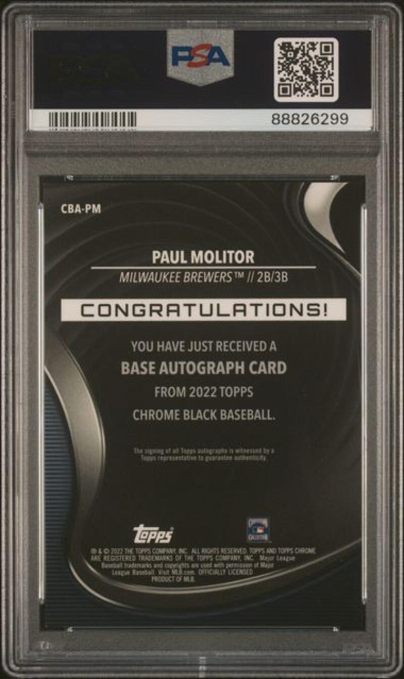 2022 Topps Chrome Black Refractor Green #CBA-PM Paul Molitor PSA 10 GEM MINT Auto 30/99 Milwaukee Brewers Baseball Card